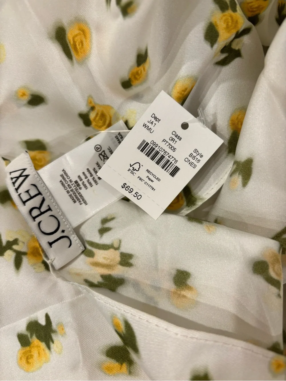 J. Crew White Silk Scarf with Yellow Rose Print